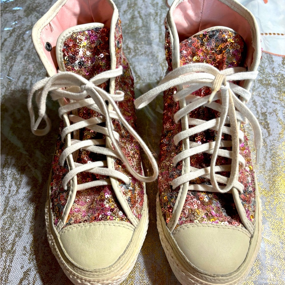Converse High-Top Sneakers in Pink and Gold Sequin